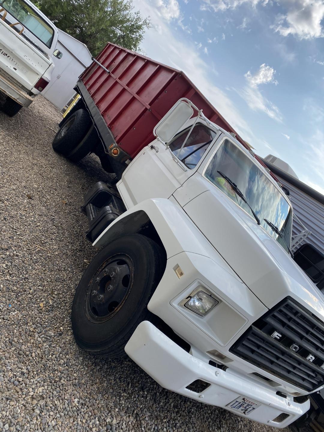 White Ford dump truck with red bed, parked on gravel